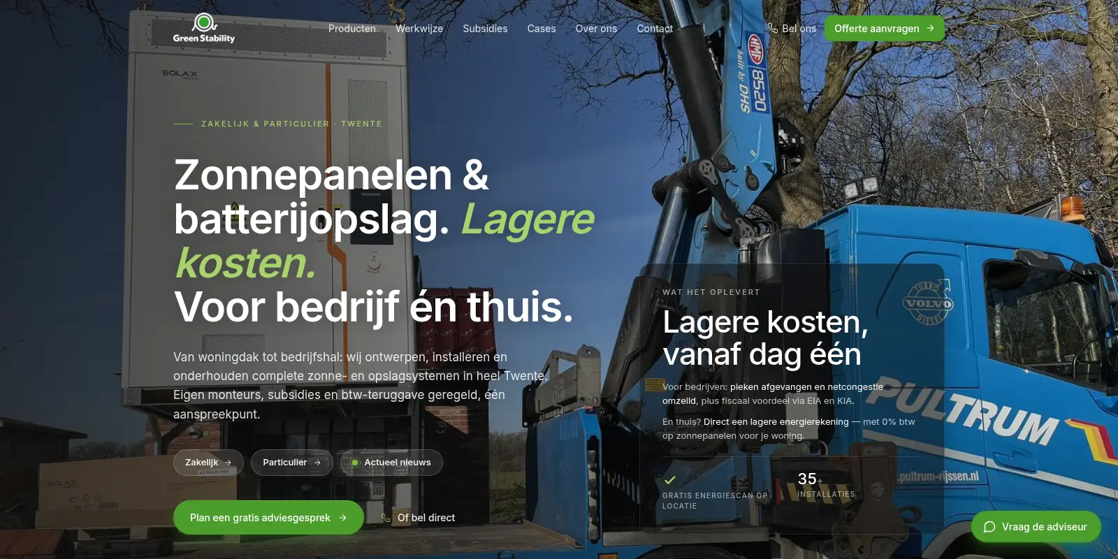 De homepage van green-stability.com, door Klyo ontworpen en gebouwd